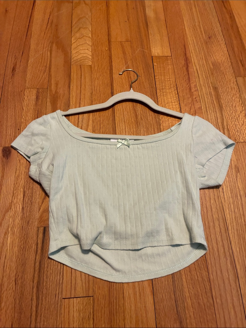 Light Green Ribbed Scoop Neck Crop Top with Bow